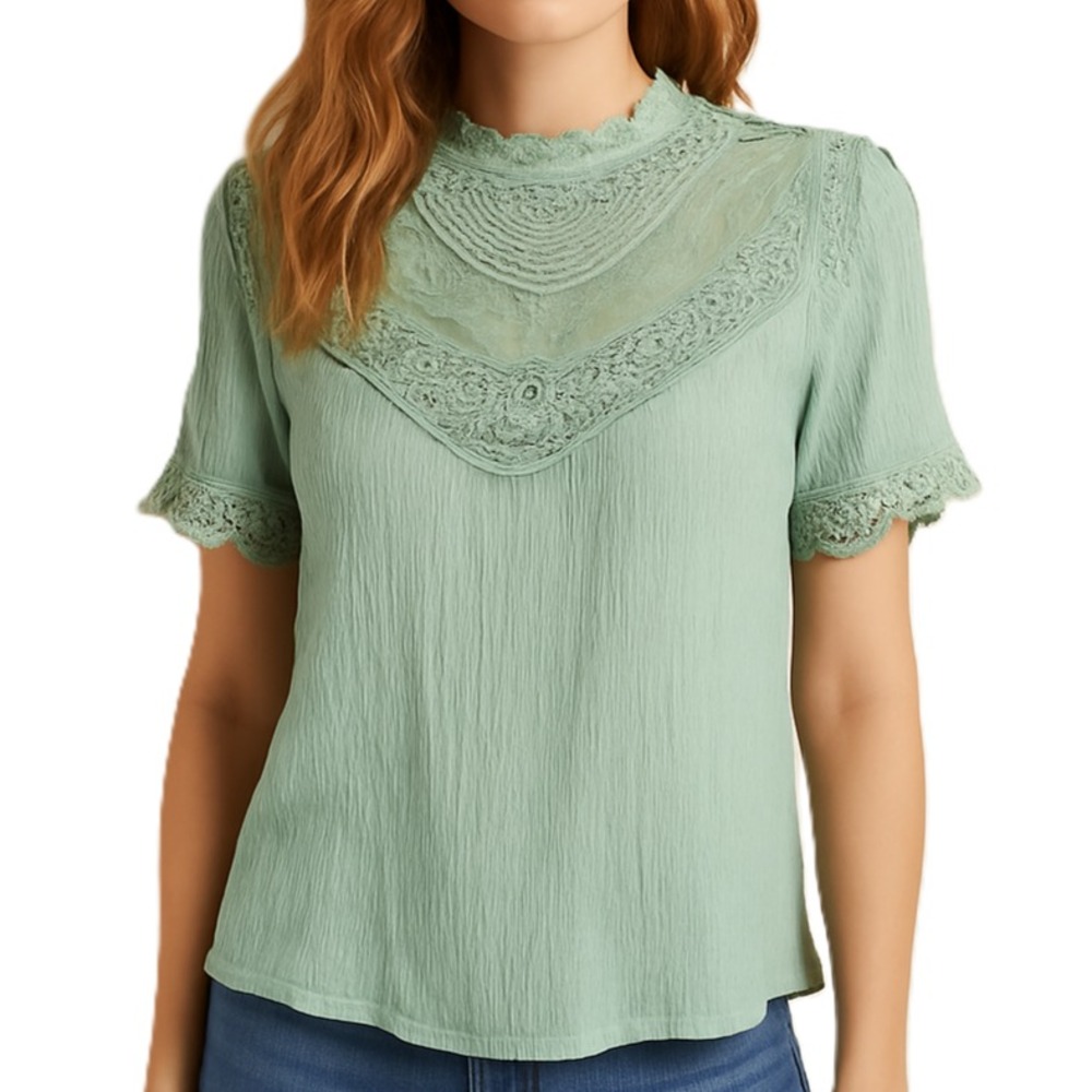 Andree by Unit Womens L Green Lace Overlay Blouse Short Sleeve Boho Top Festival